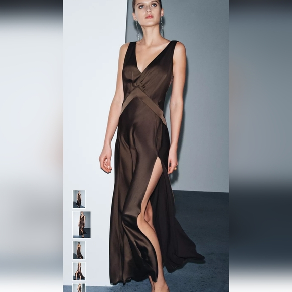 Satin V-Neck Brown Slip Dress - Picture 2 of 12